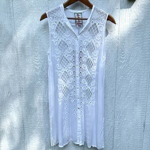 NWT Johnny Was JW Diamond Eyelet Tunic Sheer Women's Sleeveless White Top S
